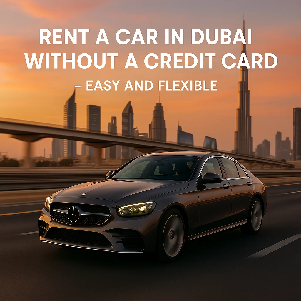 Luxury sedan driving on Sheikh Zayed Road at sunset — easy rent a car in Dubai without a credit card