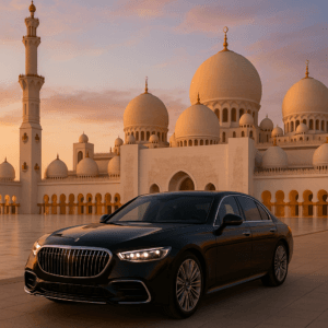 Compact rental car parked near Burj Khalifa in Dubai — rent a car in Dubai without a credit card