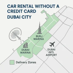 Map of Dubai with highlighted car rental delivery zones — rent a car without credit card Dubai free delivery