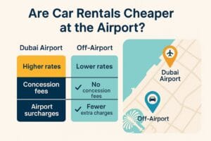 Simple map showing locations of off-airport car rental companies in Dubai