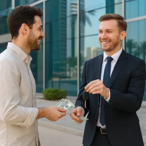 Customer receiving car keys and paying cash to a rental agent in Dubai — cash car rental Dubai no credit card 