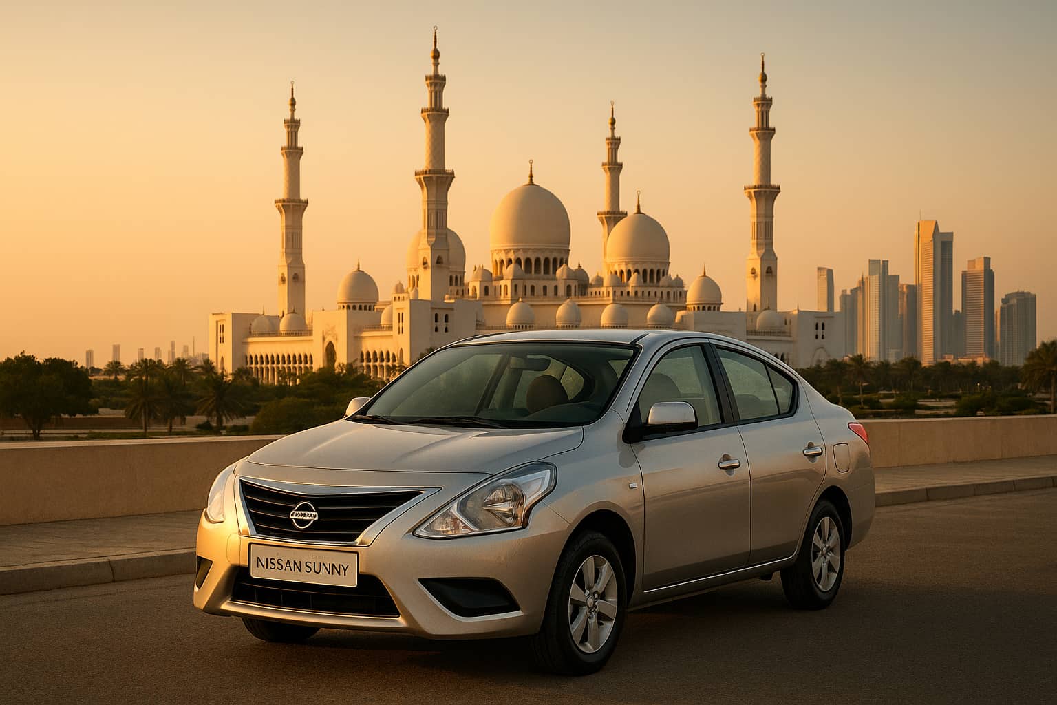 Economy car for long term hire in Abu Dhabi parked near Sheikh Zayed Mosque