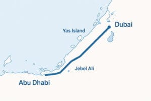 Map showing car hire route from Abu Dhabi to Dubai with landmarks
