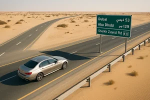 Luxury car rental with driver between Dubai and Abu Dhabi on Sheikh Zayed Road