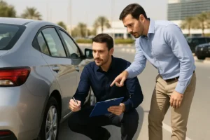 Car rental agent and customer inspecting a vehicle before pickup in Sharjah