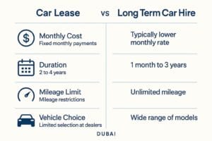 Infographic comparing car lease and long term car hire in Dubai