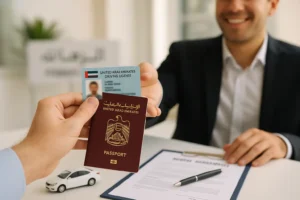 Customer showing driving license and passport to rent a car in Sharjah