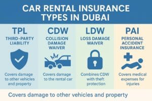 Infographic explaining types of car rental insurance in Dubai including TPL, CDW, LDW, and Super CDW.
