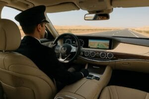Chauffeur driving from Dubai to Abu Dhabi with scenic desert view