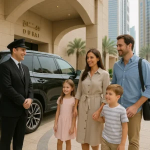 Family with kids using private car rental with driver from Dubai hotel