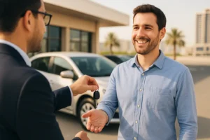 Happy customer receiving car keys from rental agent in Sharjah