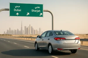 Driving a rental car from Sharjah to neighboring Emirates on a clean highway