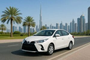 Rental car parked in Dubai with a view of the city skyline in the background.