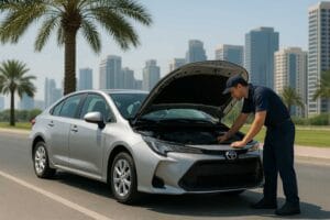 Roadside assistance being provided to a rental car in Dubai