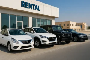 Fleet of rental cars in Sharjah including economy, SUVs, and luxury models