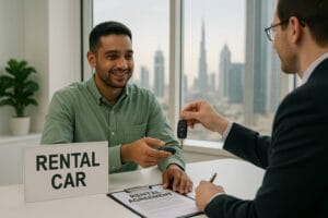 Customer signing a car rental agreement at a Dubai rental office
