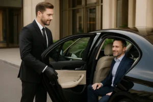 Chauffeur opening car door for VIP client in Dubai
