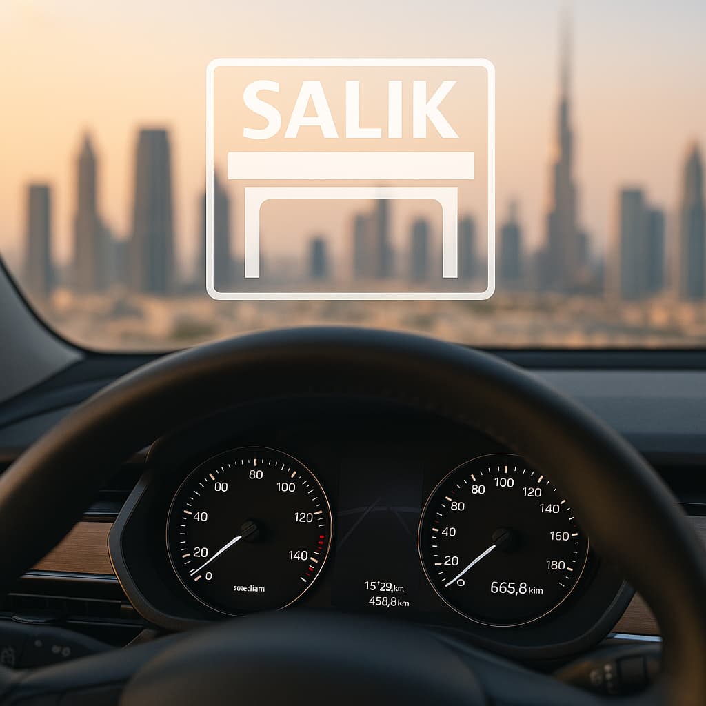 Dubai car dashboard with Salik symbol and city skyline, showing real-world driving under long term car rental Dubai prices.