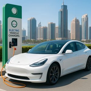 An electric Tesla charging at a DEWA station in Dubai, part of eco-friendly options under long term car rental Dubai prices.