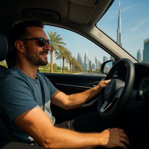 A tourist driving a rental car with Burj Khalifa in view, representing freedom and flexibility with long term car rental Dubai prices.