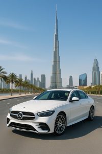 A white luxury car parked near Burj Khalifa, showing premium options available within long term car rental Dubai prices.