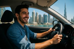 Happy customer enjoying a monthly car rental in Dubai with Dirham Cars