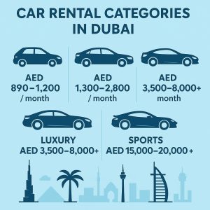 Car categories in Dubai from economy to sports, visually explaining long term car rental Dubai prices by vehicle type.