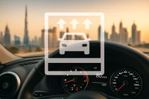 car dashboard with Salik toll symbol and Dubai skyline at sunset
