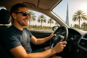 happy tourist driving rental car in Dubai with Burj Khalifa in background